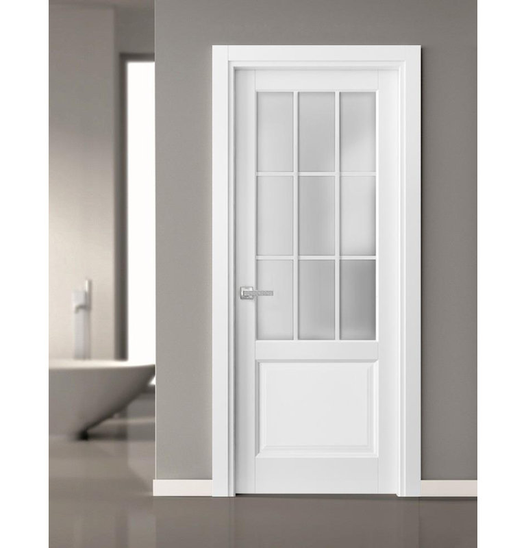Porte française solide en verre givré pré-suspendu 9 lumières | Felicia 3309 | Poignée simple à garniture de panneau Regural | Portes de salle de bain robustes