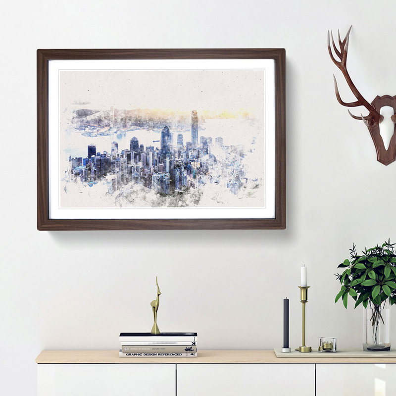 Hong Kong Skyline in China - Picture Frame Painting Print, 36cm H x 48cm W x 2cm D, Walnut Framed