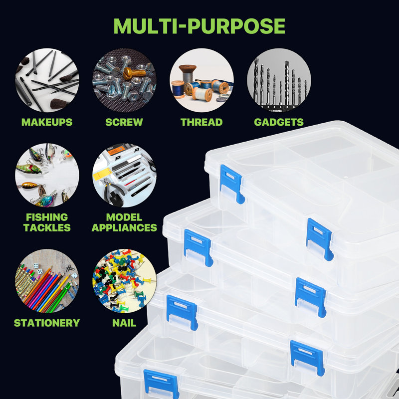 4-Pack Clear Plastic Grid Storage Boxes With 8 Adjustable Compartments & Removable Dividers – Jewellery, Craft, Hardware Organizer