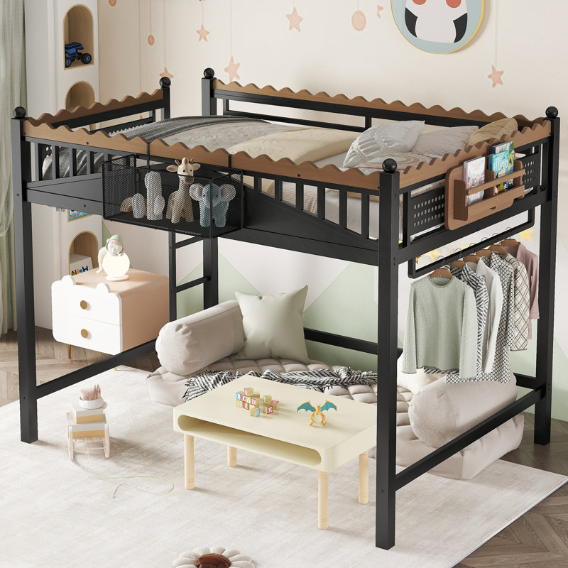 Full Size Metal Loft Bed with Ladder, Built-In Storage Shelves & Bookshelf, Space-Saving Bedroom Bunk, Black, Full