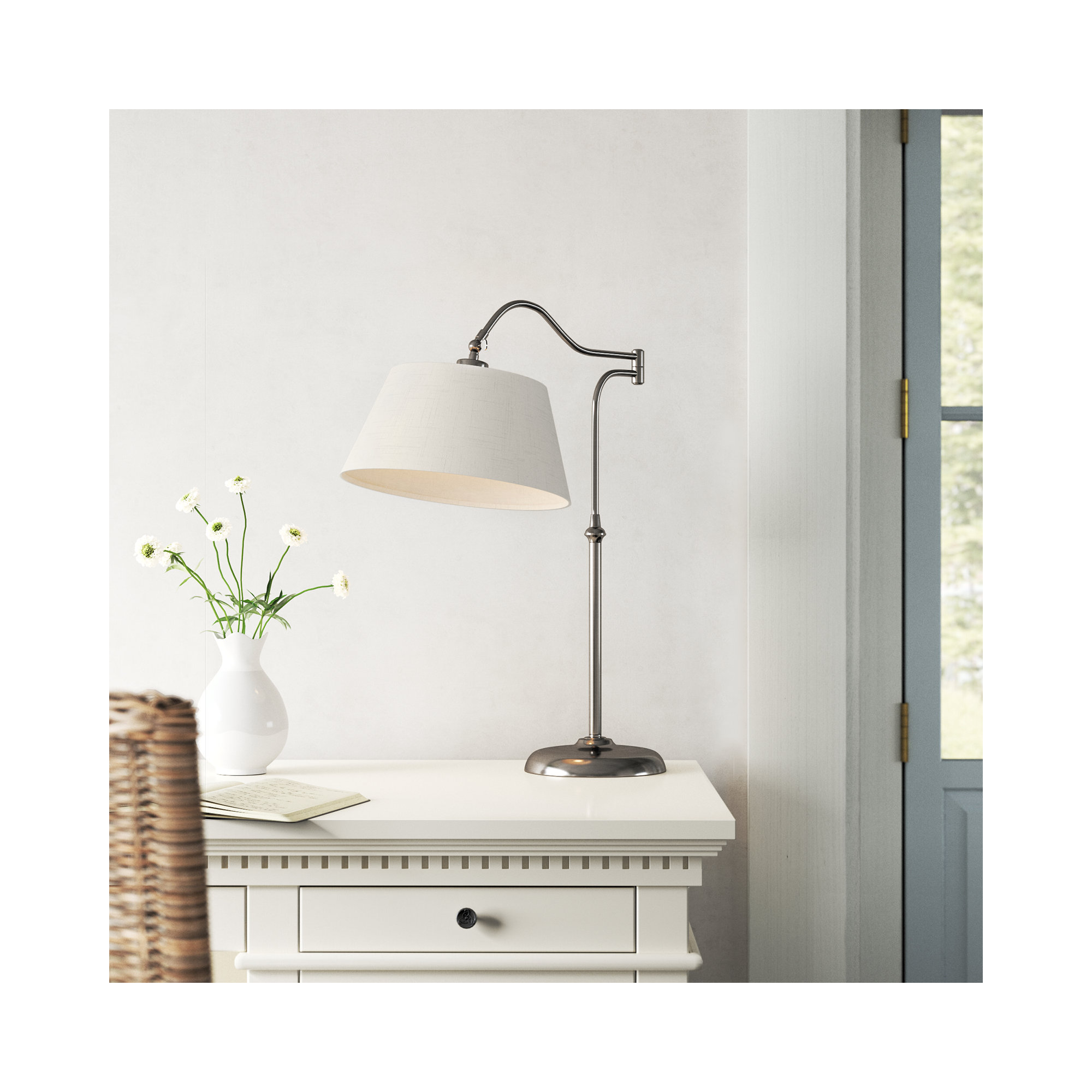 Theodora Adjustable Metal Arched Lamp, 26.25" H x 12.5" W x 23" D, White, Antique Pewter