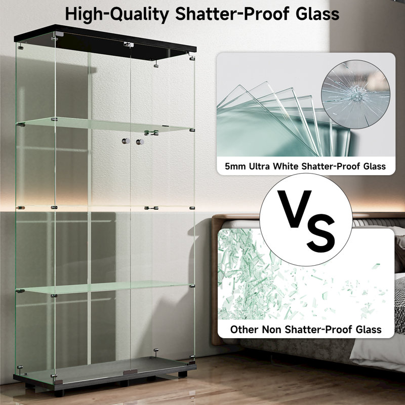 Jillion 4-Shelf Glass Display Cabinet, Curio Cabinet, Side By Side Door, Black