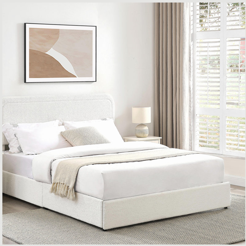 Lit plateforme à 2 tiroirs avec grand lit tapissier ivoire, tête de lit capitonnée surpiquée, support de matelas à lattes en bois, aucun sommier nécessaire