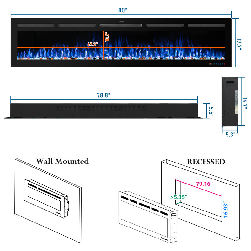 Cassella Black Electric Fireplace with 5120 BTU, 17.7"H x 80"W x 5.3"D