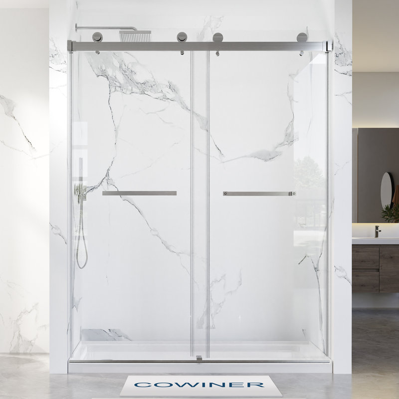 66-72 in. W x 76 in. H Double Sliding Frameless Shower Door in Brushed Nickel with 3/8 in.（10mm）Clear Tempered Glass