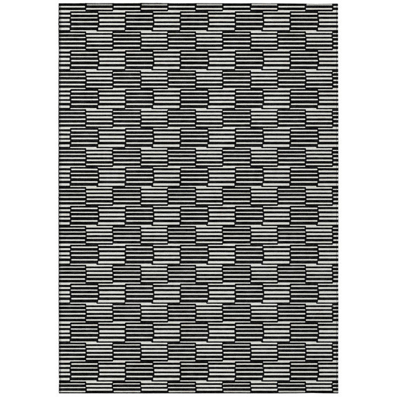 3' X 5' Black And Ivory Geometric Washable Indoor Outdoor Area Rug