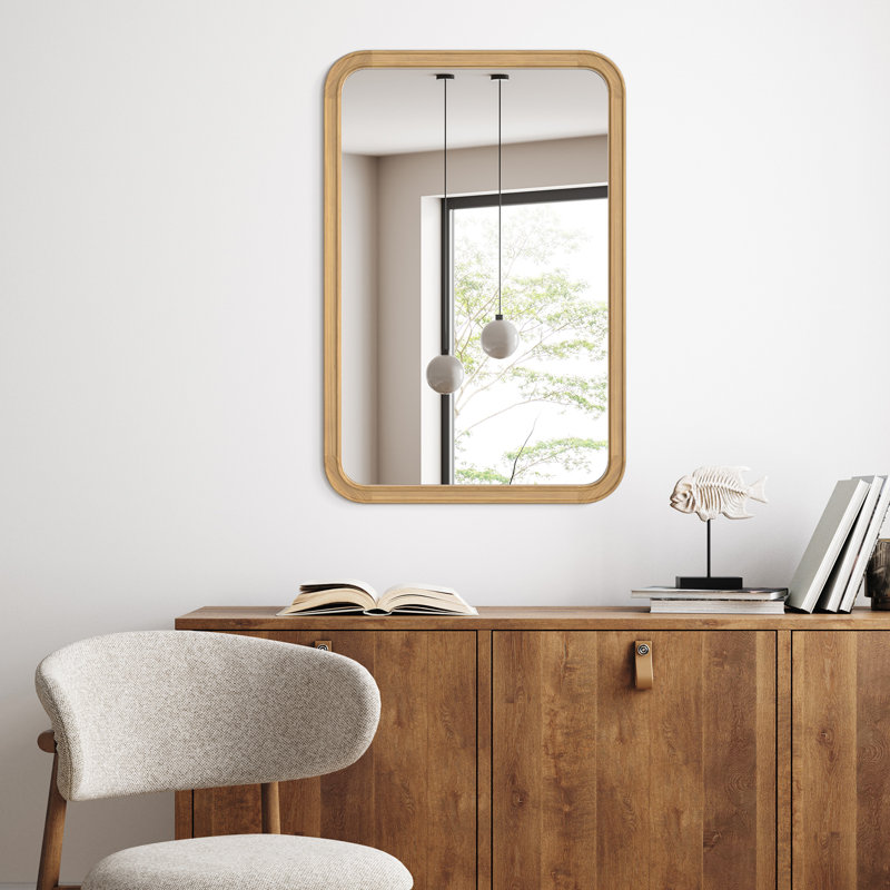 Madysson Rounded Corner Rectangle Wall Mirror with Solid Wood Wood Frame, 36" x 24"