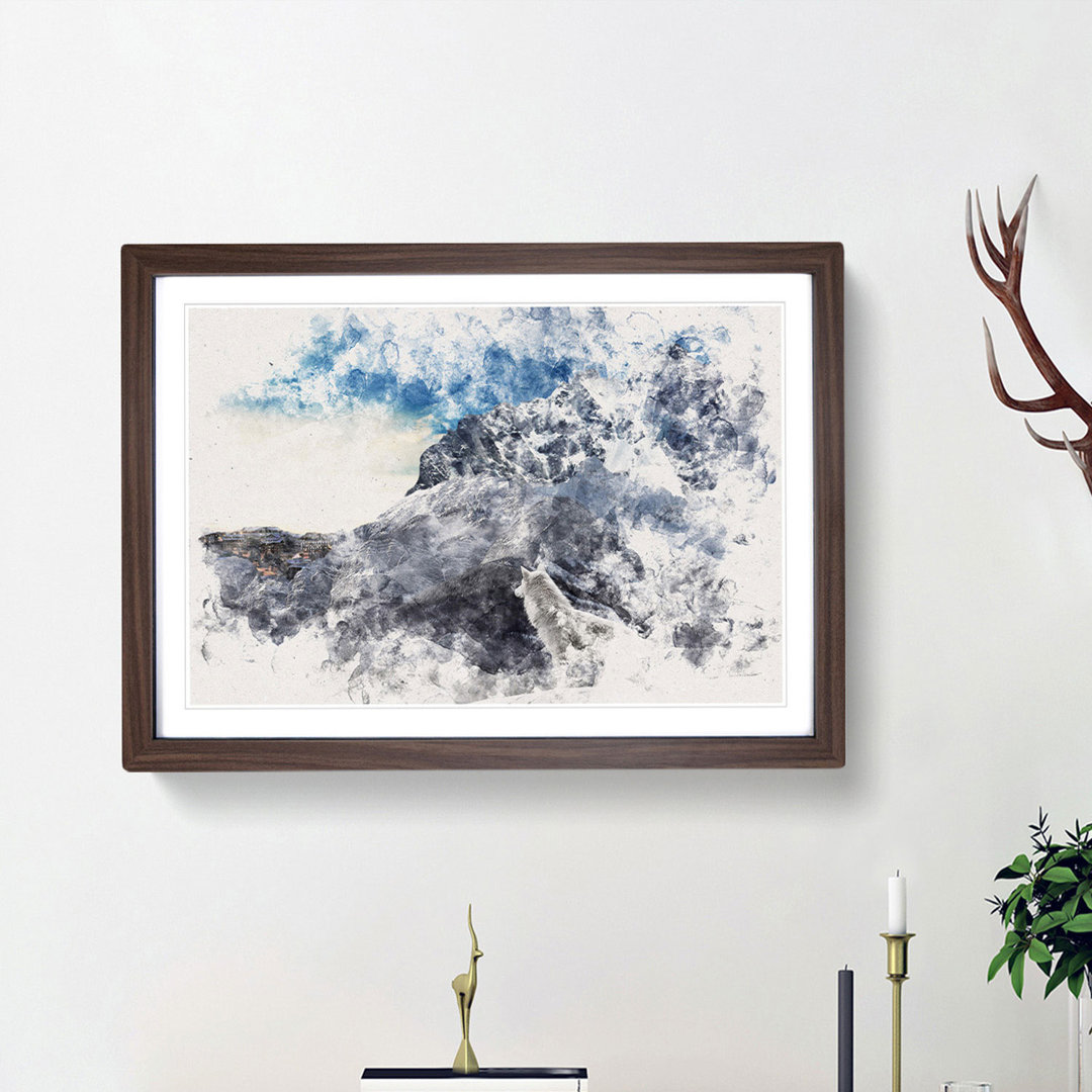 White Wolf with a Mountain Landscape - Framed Print