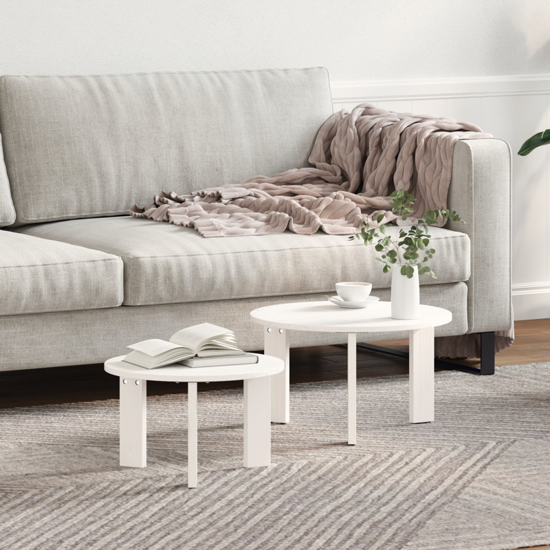 Coffee Table Solid Pine wood Modern Living Room Round Wood Indoor, White