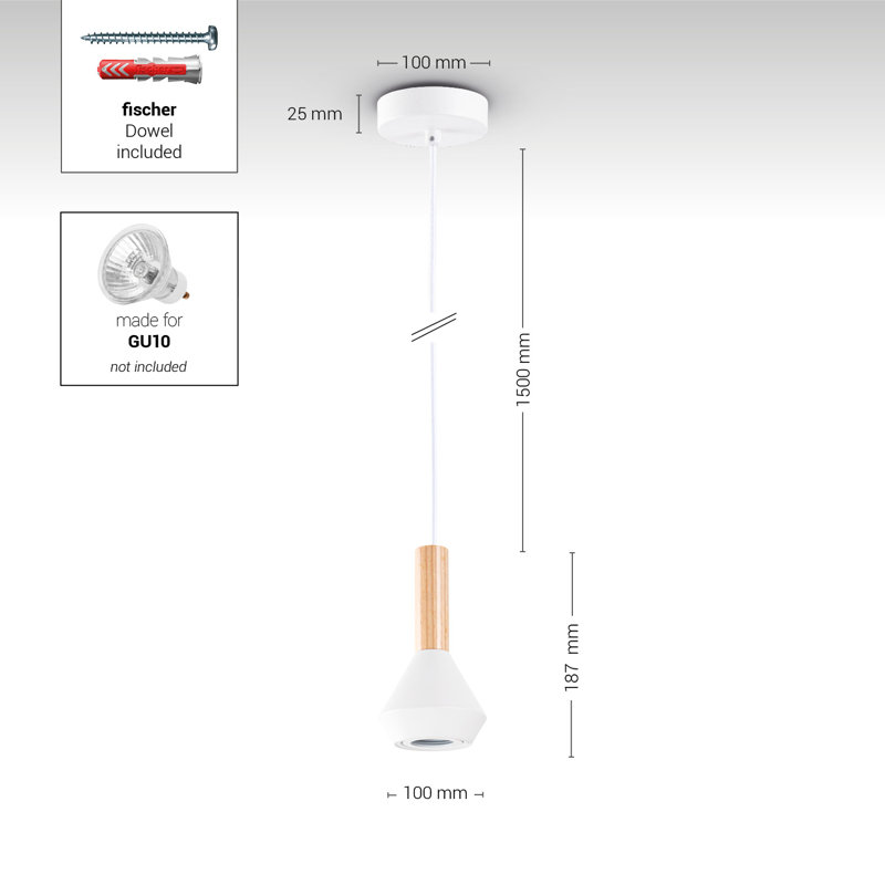 Bagan 1-Light Geometric Pendant, White/Natural, 18.7cm H x 10cm W x 10cm D