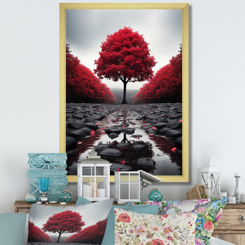 Rouge et gris forêt sérénité - art mural forêt, H 40 po x l 30 po x P 1,5 po, Cadre doré simple