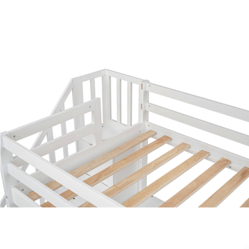 Structure de lit simple de taille mezzanine avec bureau intégré et tiroirs de rangement doubles, Blanc