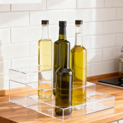 3-Tier Acrylic Bottle Organizer Rack For Coffee Syrups, Wine, Soda, And Beer | 9-Bottle Countertop Display Stand For Kitchen, Bar, Pantry, Or Fridge Storage