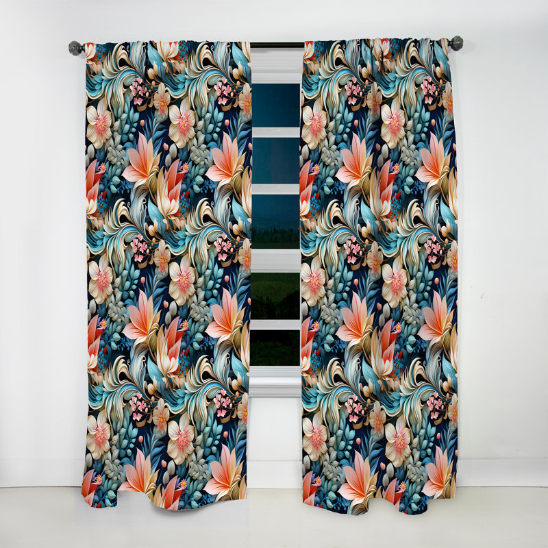 Motif botanique à motif cachemire bleu et rose II - Rideau floral - Velours obscurcissant - 1 panneau, L 52 po x L 63 po