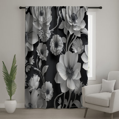 Black White Floral Window Curtains, Flowers Sheer & Blockout Curtains - 1 Panel