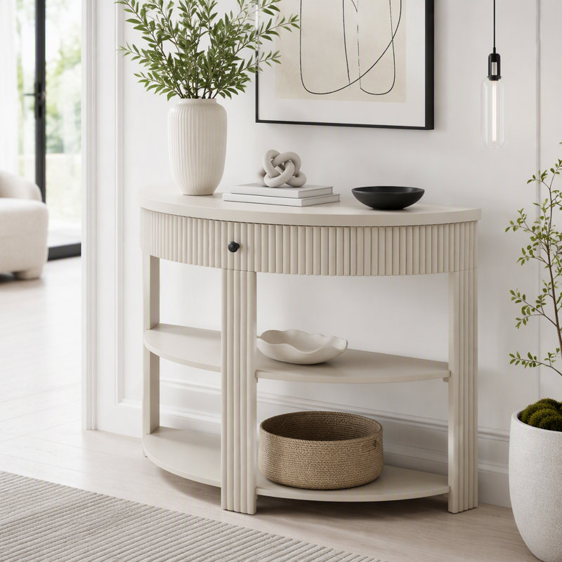 Console cannelée demi-lune avec tiroir et tablettes, Crème