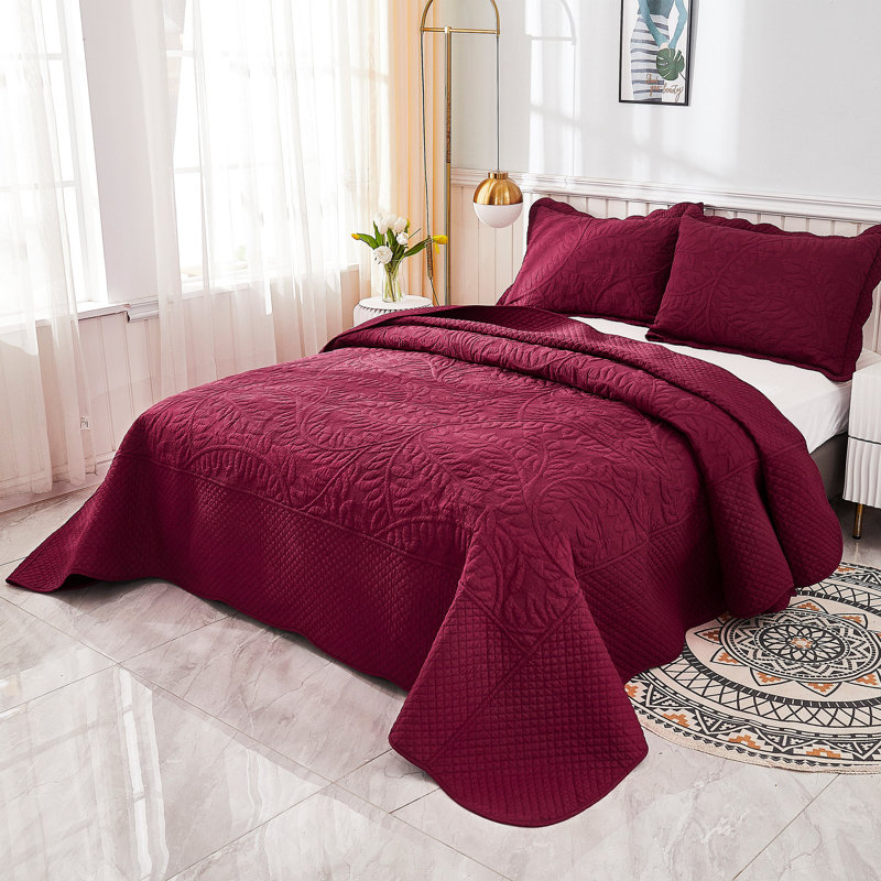 Cotton Quilt, Queen Quilt + 2 Standard Shams, Wine Burgundy