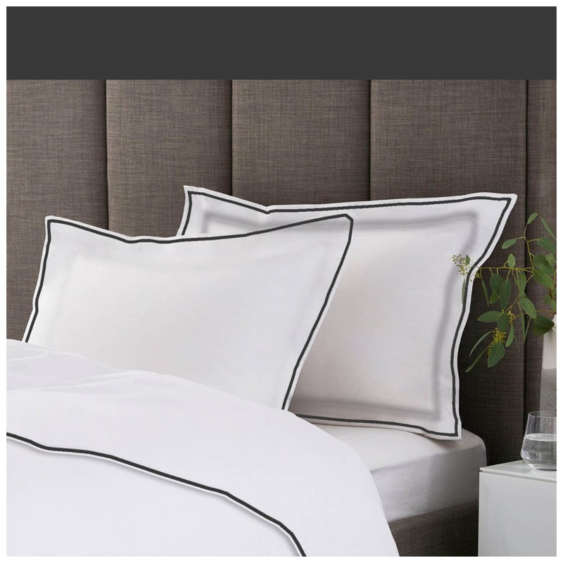 400TC Embroidery Cotton Sateen Solid Duvet Cover Set, Full Duvet Cover, White/Black