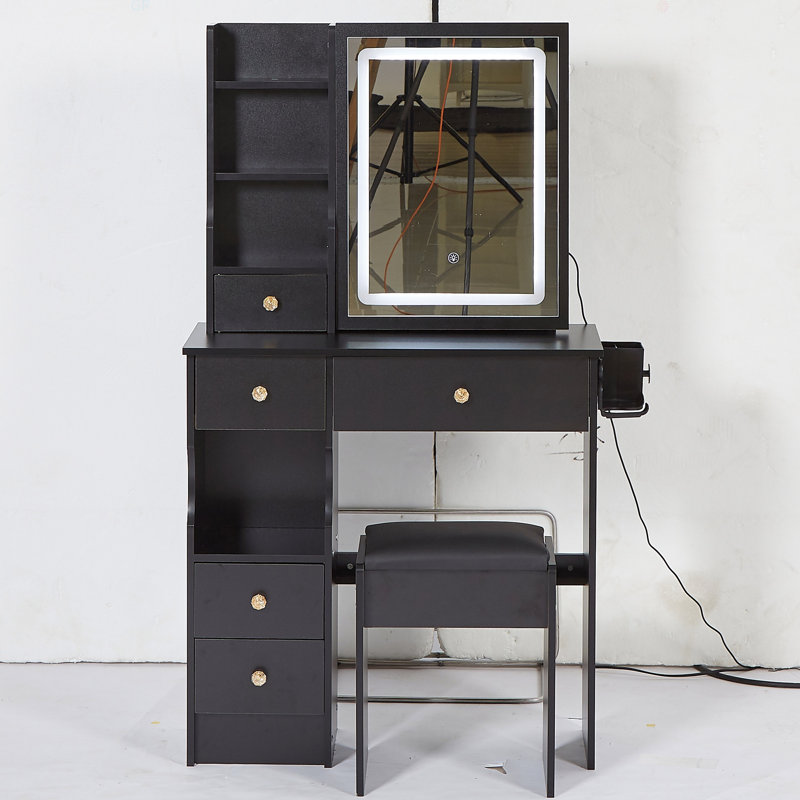 29.2" Small Size Left Drawer Desktop Vanity Table + Cushioned Stool