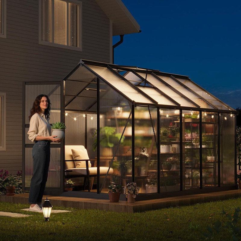 Durable Polycarbonate Greenhouse with Aluminum Frame, Adjustable Roof Vent & Lockable Door for Backyard Garden & Patio Use