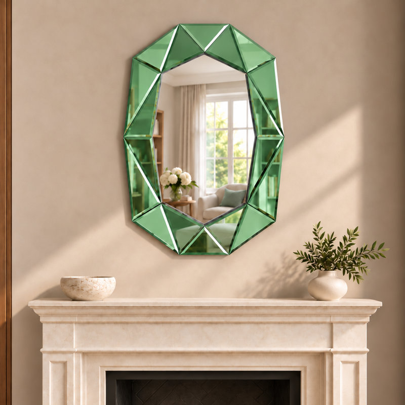 Briahna Geometric Wall Mirror with Silver Mirrored Frame and Bevelled Edges, Green