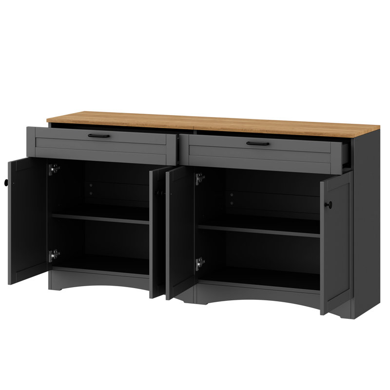 Meuble télé pour téléviseurs de 70 pouces, gris au charme rustique, avec 2 tiroirs et étagères réglables, buffet pour sous-sol