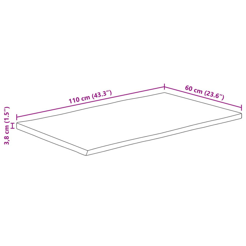 Solid Wood Table Top, 3.8cm H x 110cm W x 60cm D