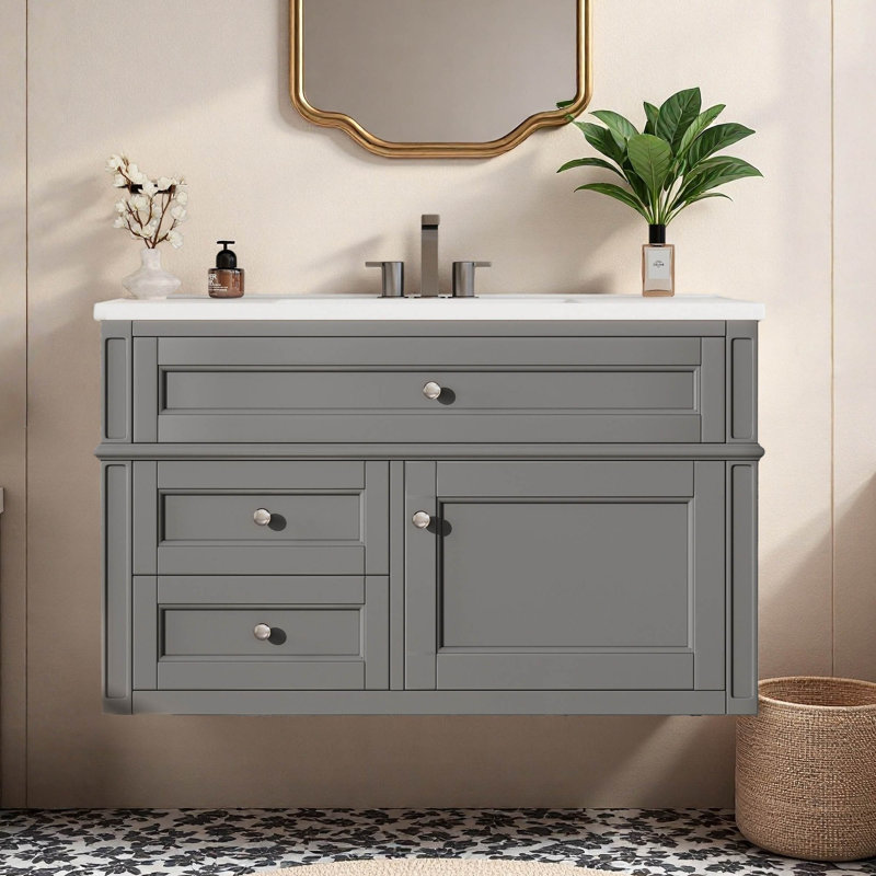 Meuble-lavabo mural simple flottant 36 po avec comptoir en céramique 36 po, Gray