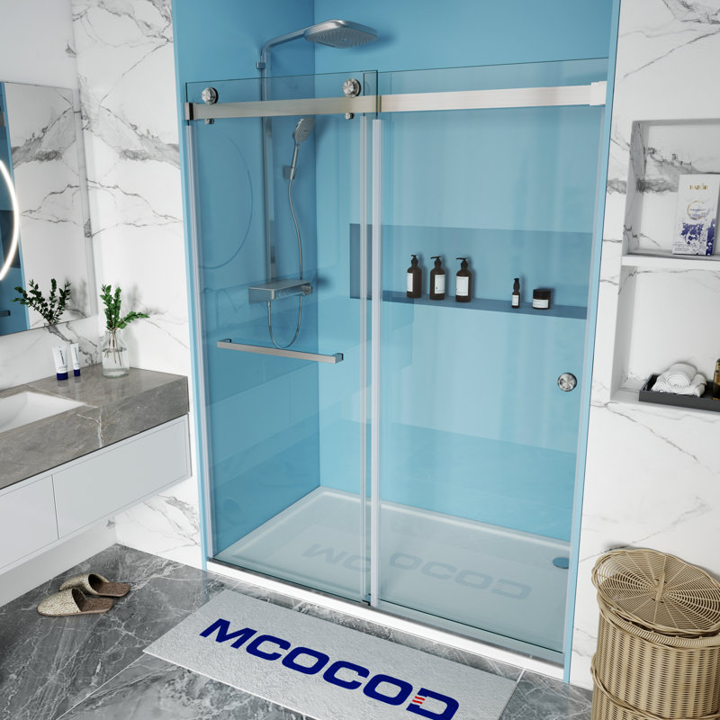 Porte de douche coulissante double sans cadre avec verre transparent de 3/8 po (10 mm) Opal Mirage MCOCOD51 - l 54,75 po x H 76 po