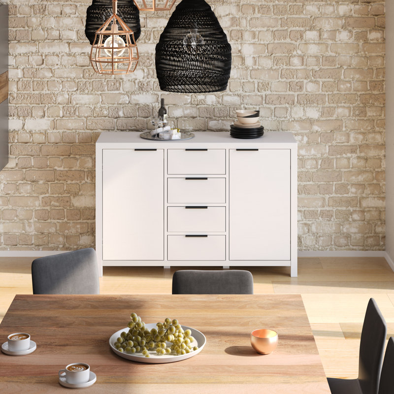 Buffet contemporain en bois massif à 3 portes avec tablettes réglables et poignées en métal Hollander, Blanc