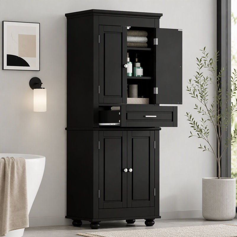 Armoire de rangement haute pour salle de bain avec étagères réglables, tiroirs, 4 portes et poignée en métal, Noir