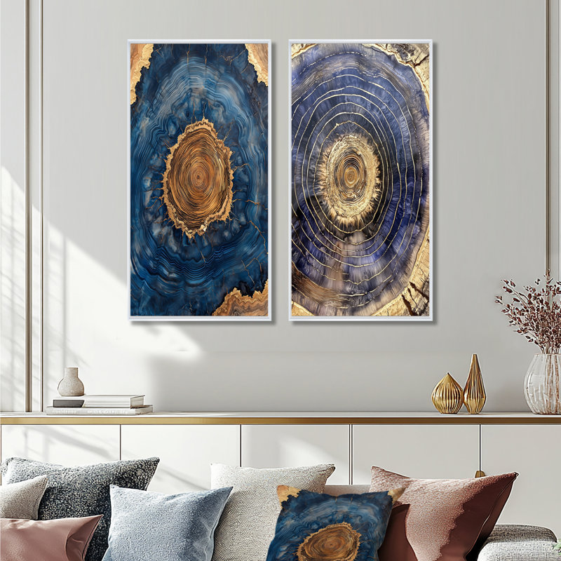 Géode aqua et glissade sur bois en spirale III - Collection d'art mural ferme 2 panneaux, H 40 po x l 41 po