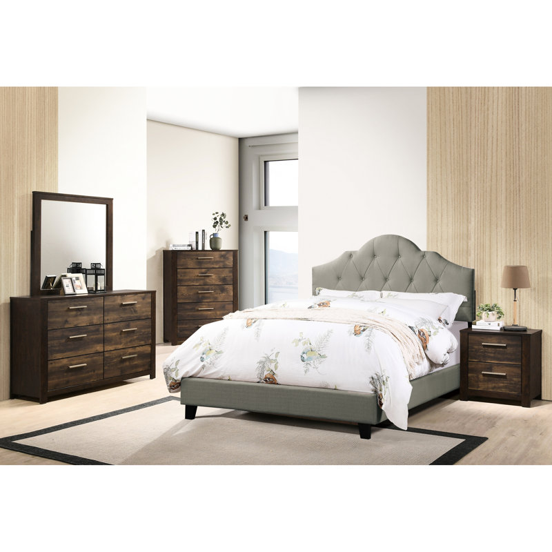 Lit pour très grand lit moderne, polyfibre grise, cadre de lit en bois, tête de lit réglable rembourrée