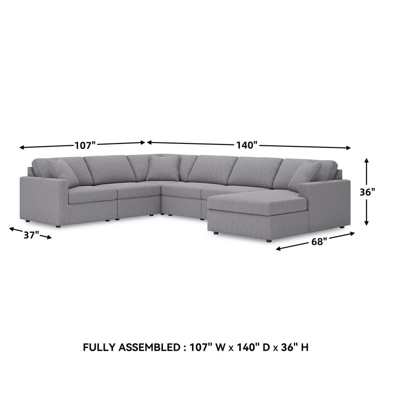 Canapé modulaire 6 pièces avec méridienne Chobanyan, Polyester gris, Face à la droite, H 36 po x l 139 po x P 106 po