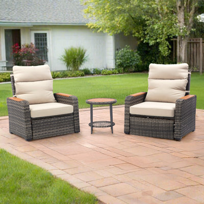 3-Piece Patio Recliner Set with Cushions and Table, Weather-Resistant Wicker and Eucalyptus Wood Arms