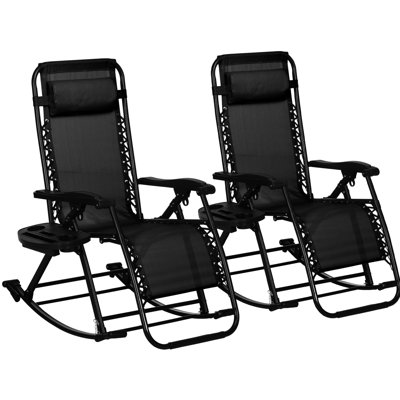 2Pcs Zero Gravity Rocking Lounge Chairs, Foldable With Pillow, Cup Holder. Black Steel, And Reliable Outdoor Seats, Reclining Rocker & Phone Holder, Black, Steel Frame, Ideal For Lounging