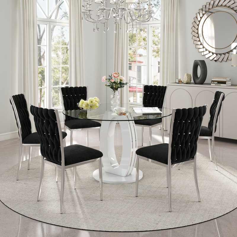 Ensemble de table de salle à manger haute brillance ronde en verre trempé, 7, Noir, Blanc