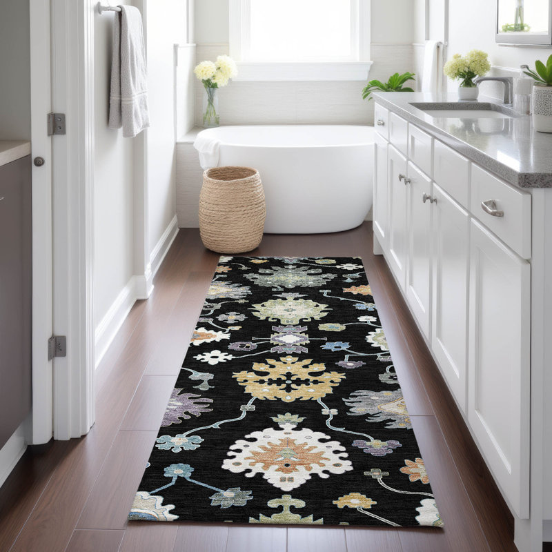 Tapis traditionnel lavable à la machine intérieur / extérieur ACN2532, Noir, Tapis de couloir 2 pi 3 po x 7 pi 6 po