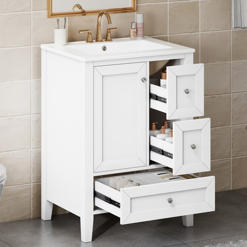 Meuble-lavabo simple autoportant de 24 po avec comptoir en céramique, tiroirs et tablettes de rangement, idéal pour les petites salles de bain
