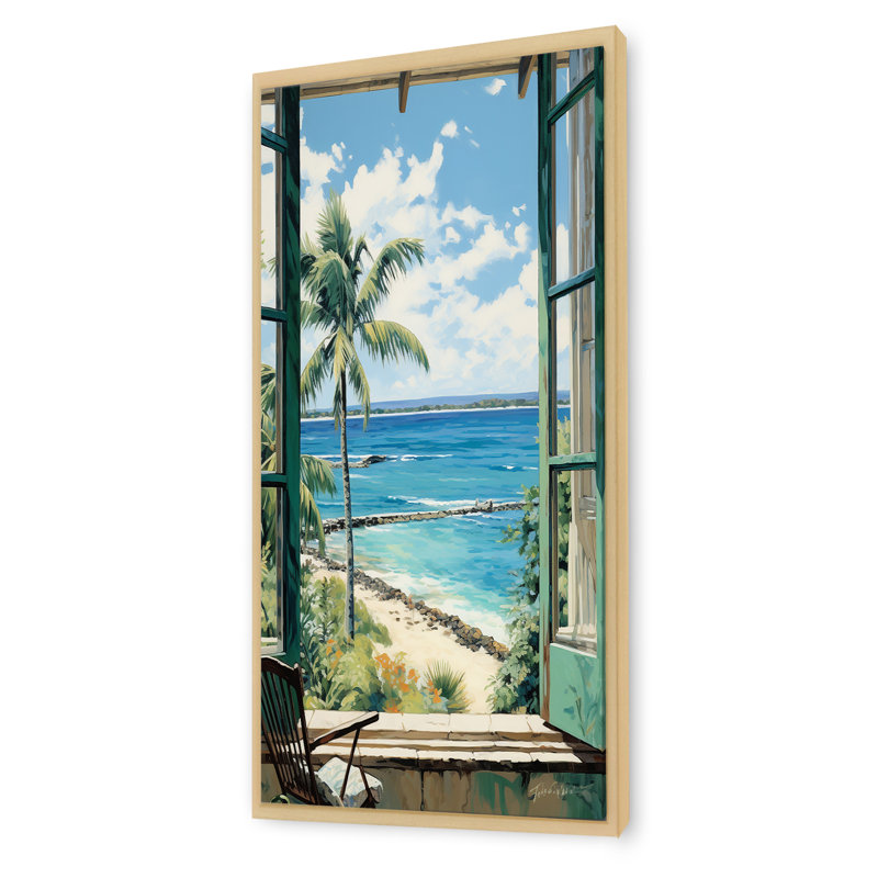Fenêtres à la plage I - art mural de fenêtres côtières, Cadre flottant brun, H 32 po x l 16 po