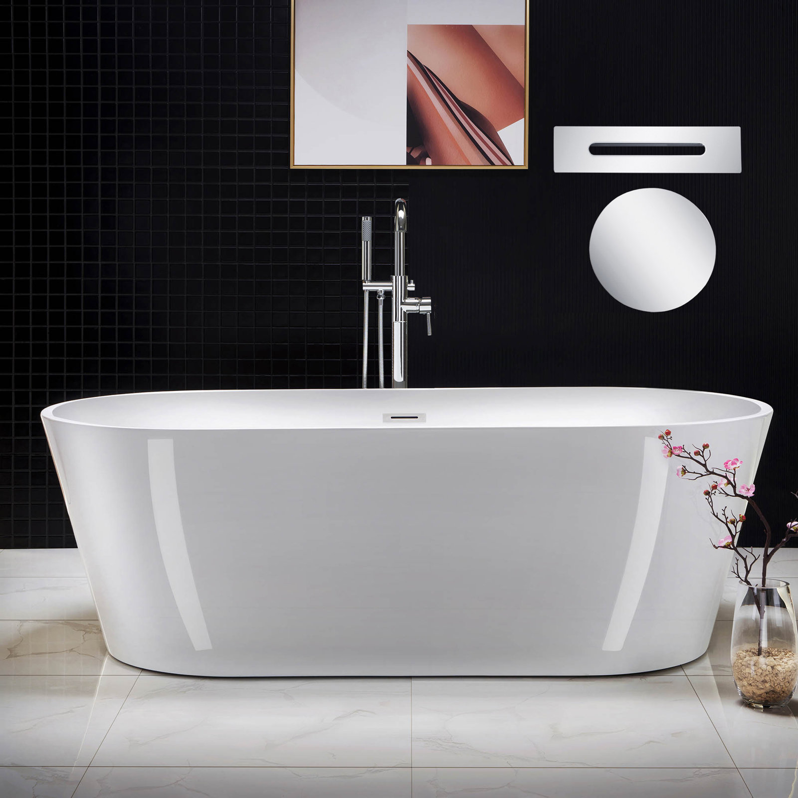 Cove 71'' Soaking Acrylic Bathtub, White/Chrome