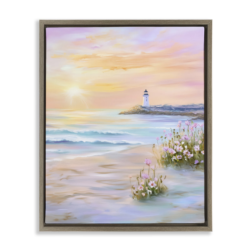 Chaleureux lever de soleil avec cadre flottant de phare lointain, design par Arlington Prints, Cadre flottant orme Montalcino
