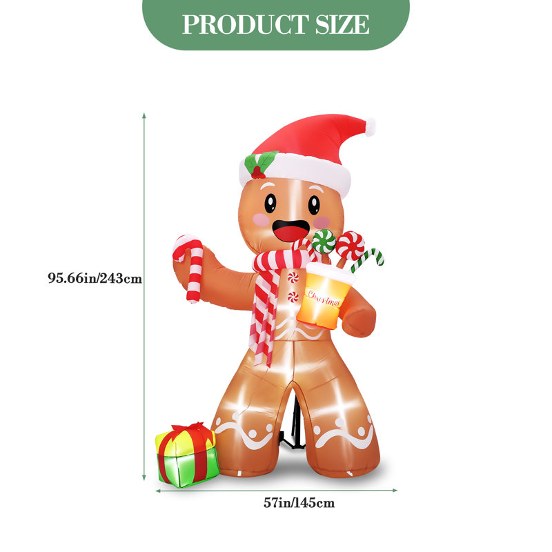Décoration de Noël gonflable pour jardin extérieur : bonhomme en pain d'épice lumineux DEL de 2,4 m