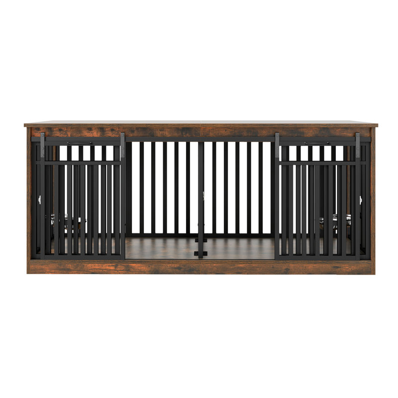 Archie & Oscar™ 71'' Double Dog Crate Furniture With Sliding Doors & Bowl, Brown