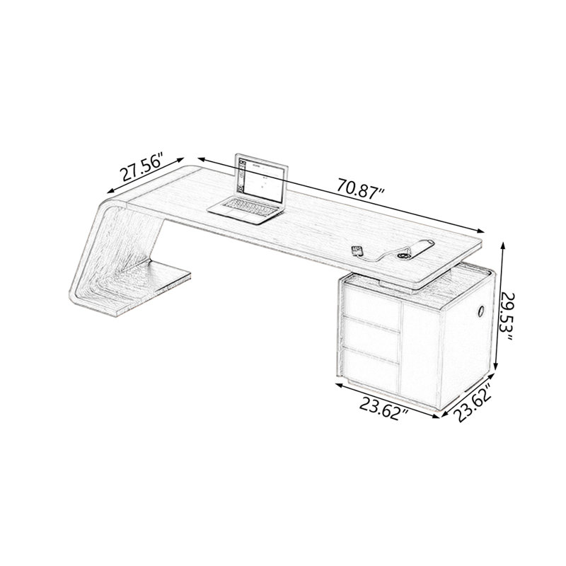 Bureau rectangulaire en bois manufacturé noyer avec 3 tiroirs, H 29,53 po x l 82,68 po x P 27,56 po