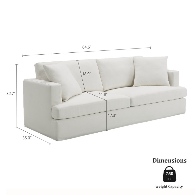 Gilba 84.6'' Wide Arm Upholstered Cloud Couch White Slipcovered Sofa, White Linen