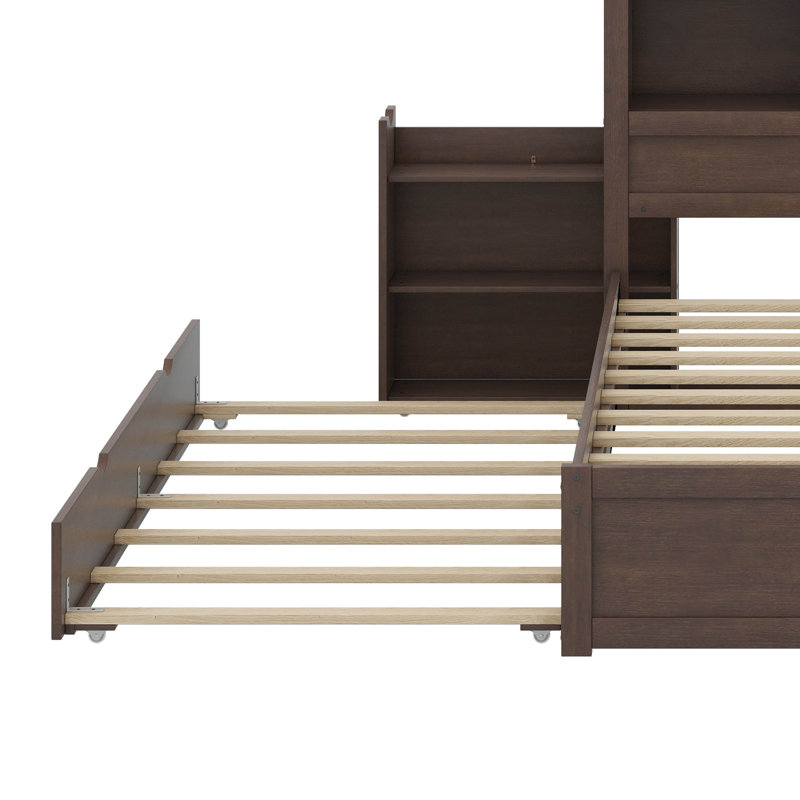 Lit plateforme pleine grandeur avec tablettes coulissantes, lit gigogne simple et 2 tiroirs, Espresso