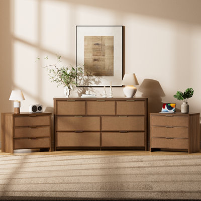 Rattan Bedroom Sets,7-Drawer Dresser  3-Drawer Nightstands,55" Wide Modern Chest of Drawers and Curved Edge Design for Bedroom,28.3" Wide Nightstand