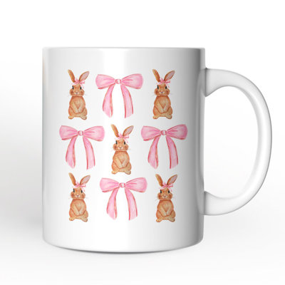 Coquette Bunny Pink Bow Easter Mug, Cute Girly Bunny Spring Gift with Custom Name