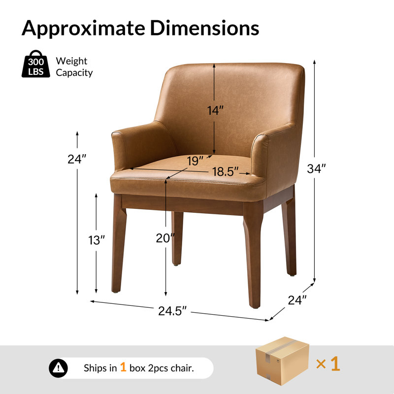  Stanley 24.5"W Mid-Century Modern Faux Leather Dining Chair with Solid Wood Legs (Set of 2), Camel